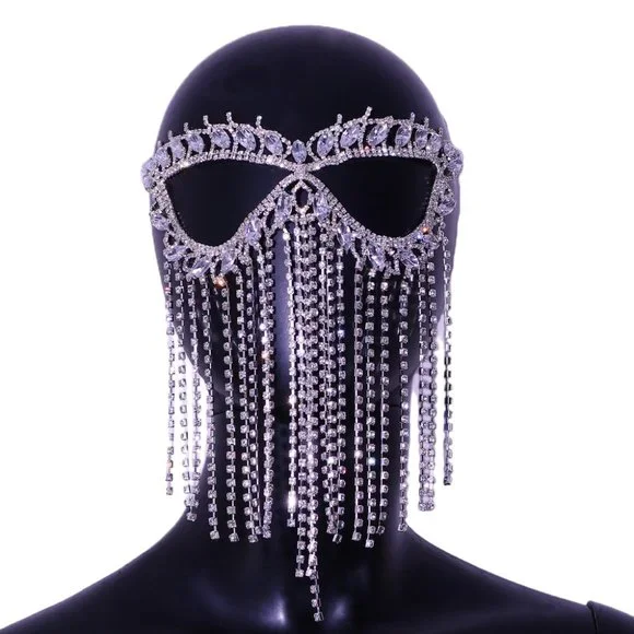 Crystal Tassel Face Mask Halloween Mask Masquerade Mask Women Rhinestone Jewelry - Picture 6 of 15